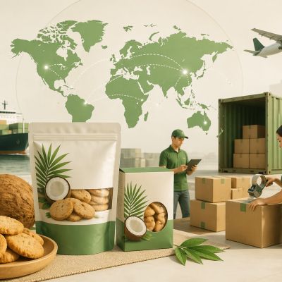 Ekspor biskuit kelapa Indonesia ke pasar global dengan produk snack kemasan dan distribusi logistik internasional