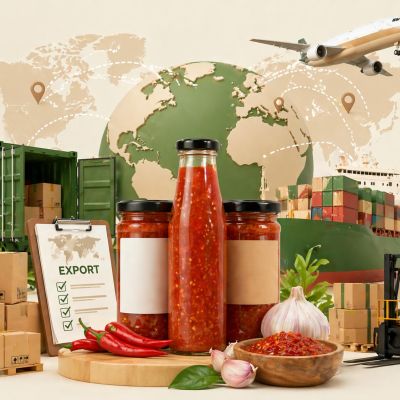 Ilustrasi ekspor sambal botolan Indonesia dengan konsep perdagangan global dan distribusi produk pangan ke berbagai negara