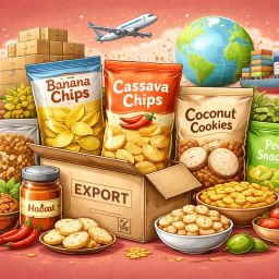 Ilustrasi berbagai snack kemasan untuk ekspor dengan konsep pengiriman internasional dan logistik global