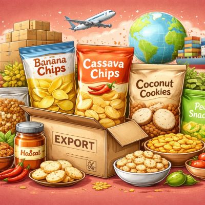 Ilustrasi berbagai snack kemasan untuk ekspor dengan konsep pengiriman internasional dan logistik global