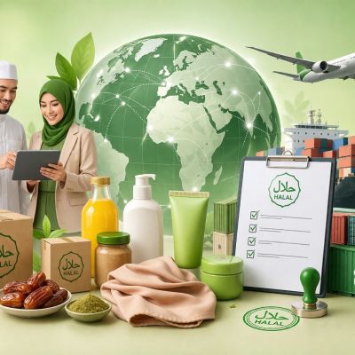 ilustrasi industri halal dan ekspor global dengan produk halal, sertifikasi, dan distribusi internasional
