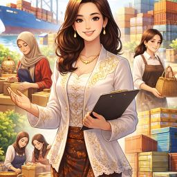 Ilustrasi perempuan Indonesia dengan kebaya modern sebagai simbol Kartini ekspor yang mendorong UMKM go global melalui perdagangan internasional